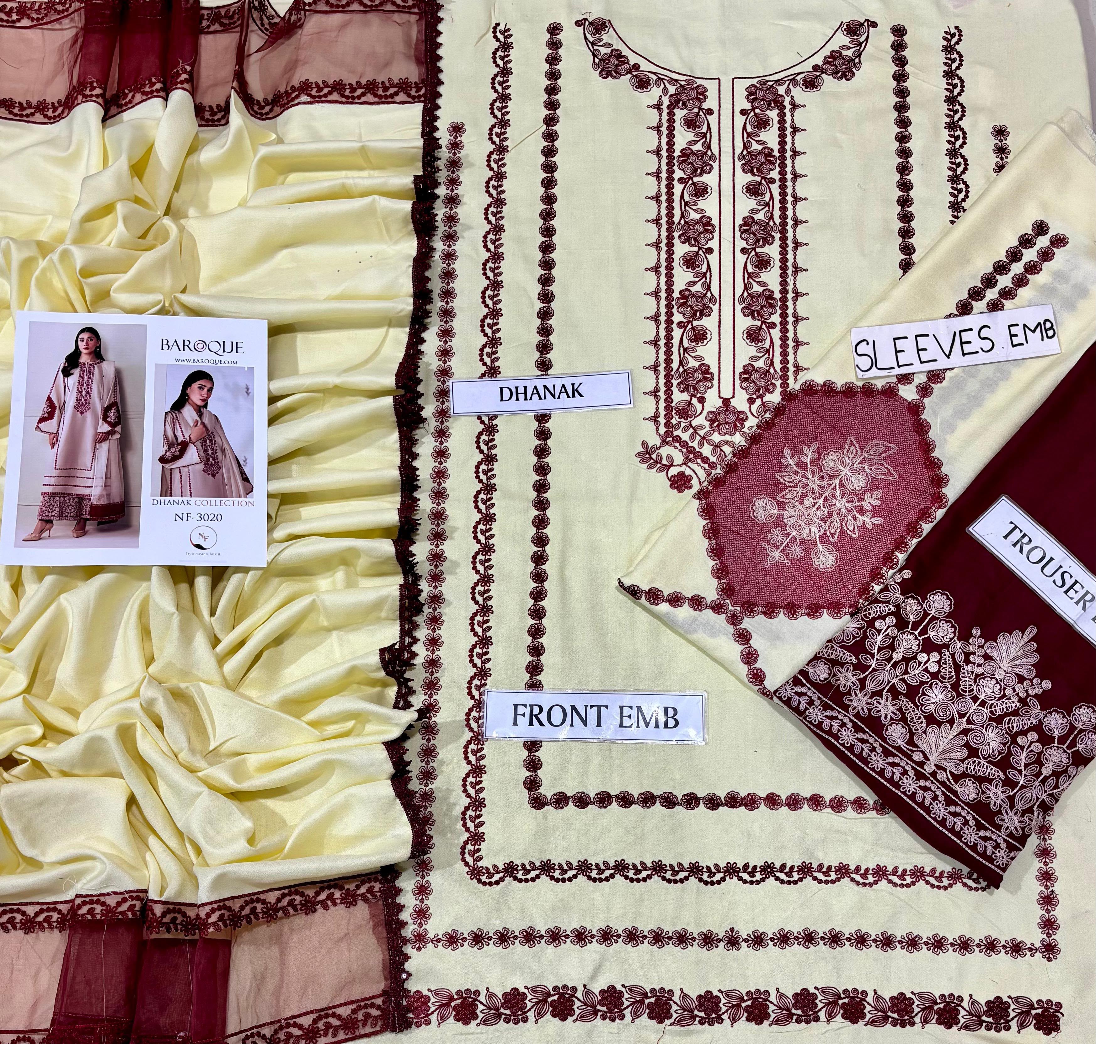 Baroque NF 3020 3PC Heavy Embroidered Dhanak Suit - image 3
