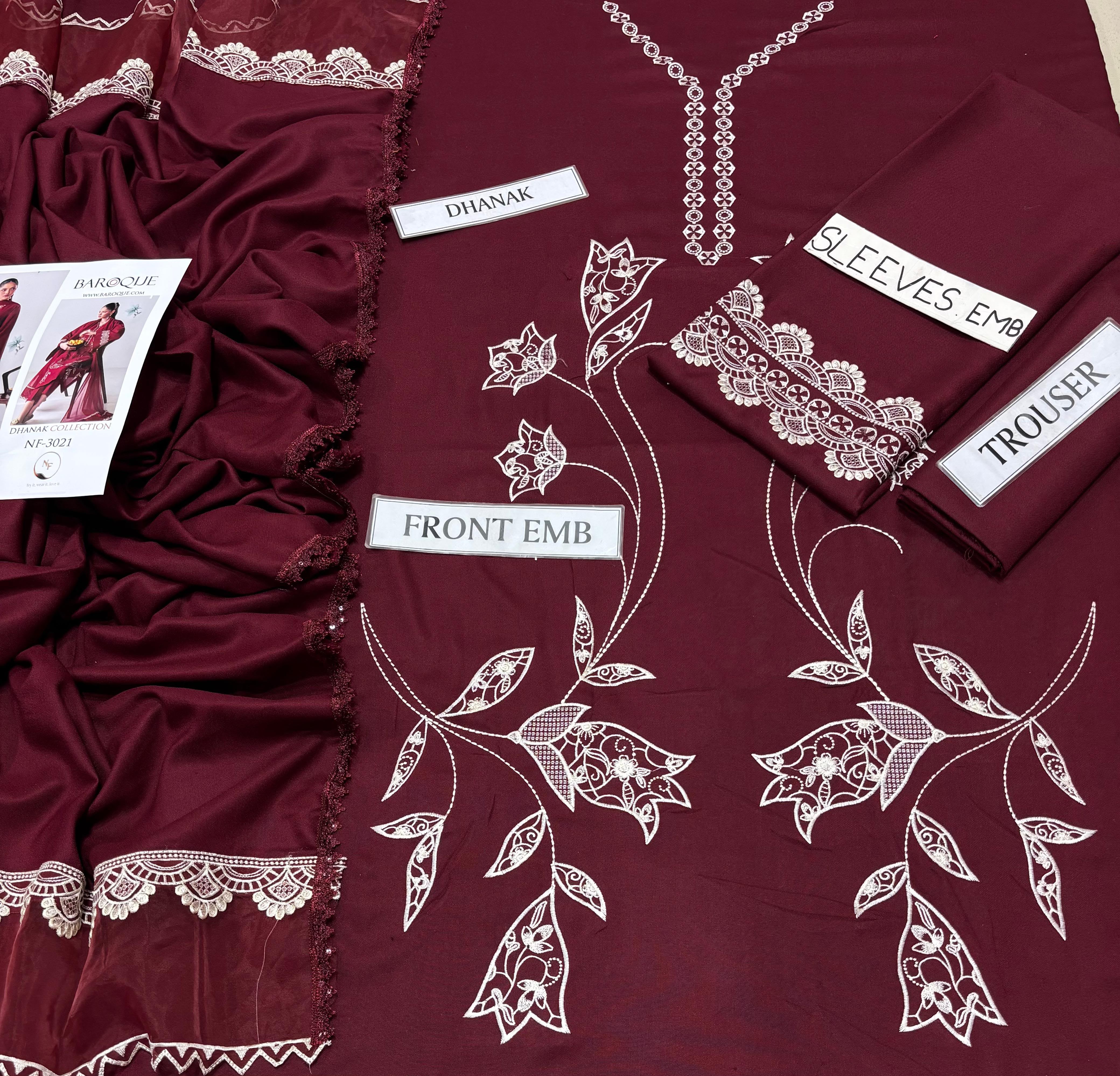 Baroque NF 3021 3PC Embroidered Dhanak Suit - image 8