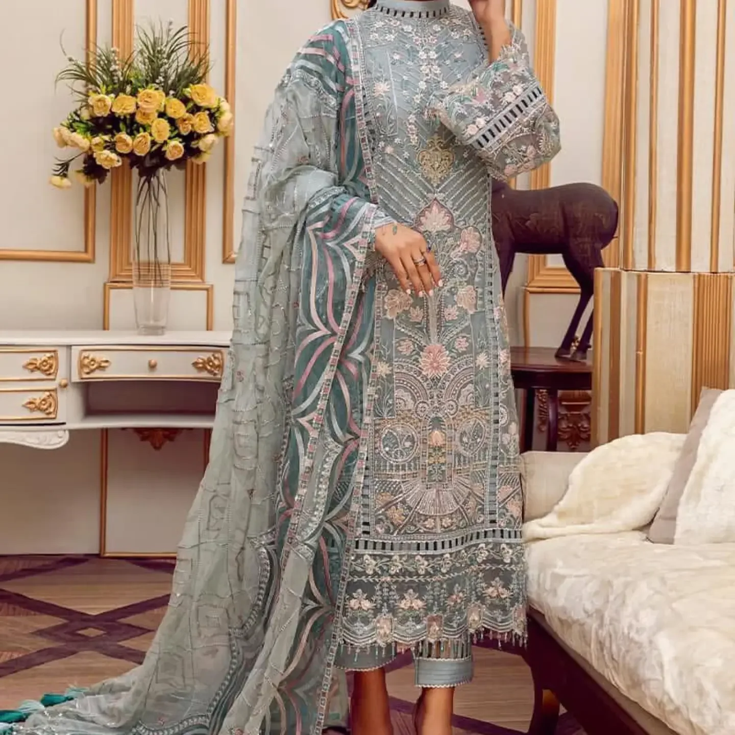 Ahmozi Presenting Adan Libas Chiffon Embroidered Unstitched — clothing image 2