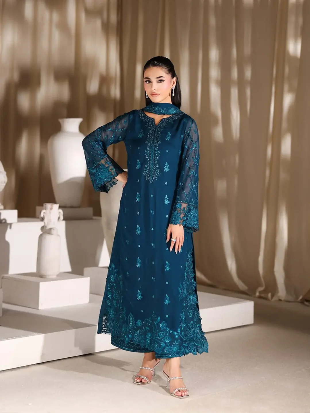 Ahmozi Presenting Azure Chiffon Collection Suit Details — clothing image 1