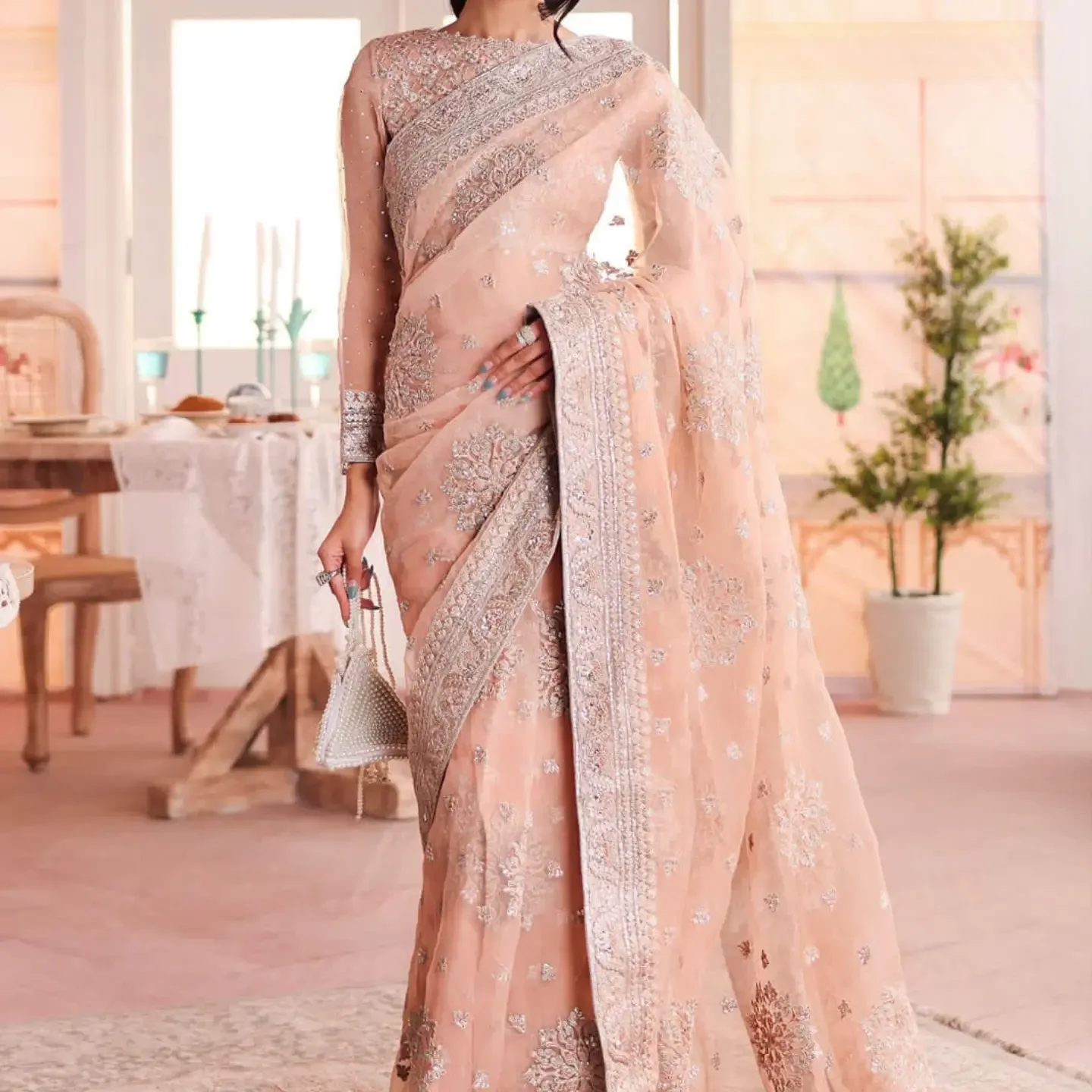 BRAND...MARIA B Unstitch Replica FABRIC NET Saree With SATIN — clothing image 1